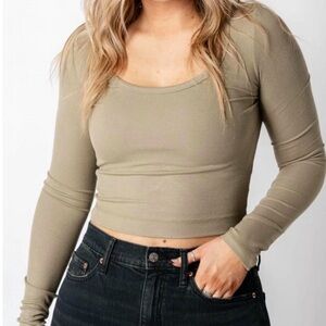 Z Supply NWT Shania Rib Long Sleeve Crop Top Kelp - M